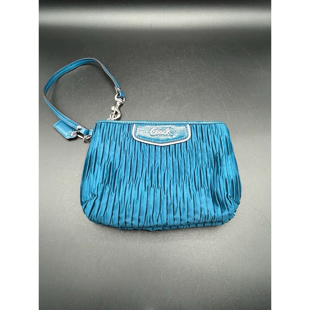 Coach Teal Satin Pleated Wristlet Purse Clutch Ruched Blue Silver Hardware